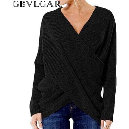 GBVLGAR Autumn Winter Sexy Knitted Pullover Sweater Solid Color Women Long Sleeve V Neck Cross Front Irregular Hem Loose Jumper