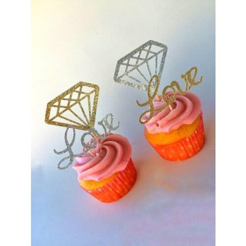 Gold Silver Glitter Love Diamond Ring Toothpicks Cupcake Toppers Wedding Bridal Shower Engagement party decor