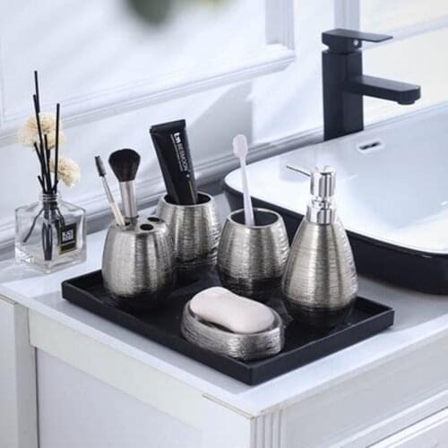 5-6pcs Handmade Retro Ceramics Wash Supplies Set Electroplated Silver Ceramic Bathroom Accessories Set Melamine Tray Soap Dispen