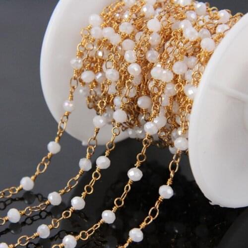 5Meter White titanium AB Glass Faceted Rondelle Beads Chains,plating Gold Wire Wrapped loop Rosary Chain Necklace bracelet