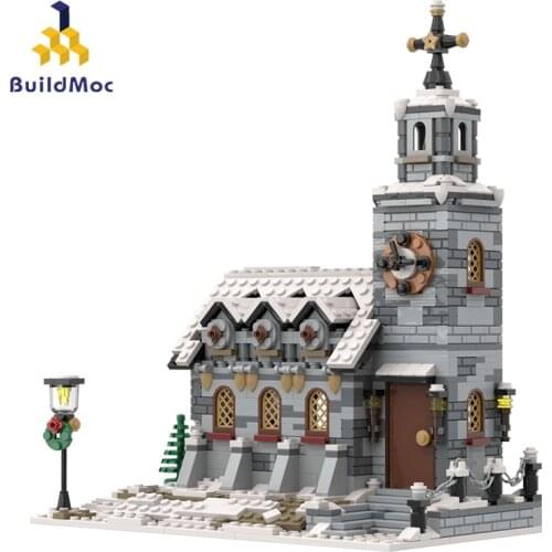 Buildmoc Architecture Creator Expert Christmas Little Winter Church Village Street View House Building Blocks Toys For Kids Gift