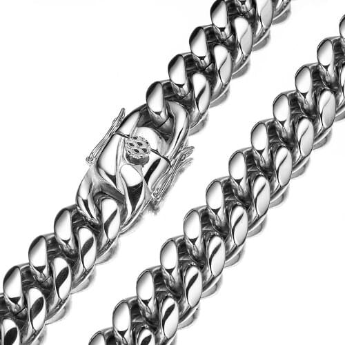 16mm High Quality Stainless Steel Silver Color Cuban Curb Link Chain Mens Dragon Claw Buckle Necklace Bracelet Jewelry 7-40inch