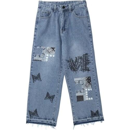 Streetwear Vintage Denim Pants Patchwork Butterfly Print Streetwear Jeans Harajuku Hip Hop Pants Jogger Men Trouser