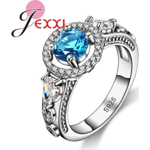 Elegant Women Ocean Blue Clear Crystal Rings Fashion Wedding Party Jewelry High Quality Stamp Silver Gift