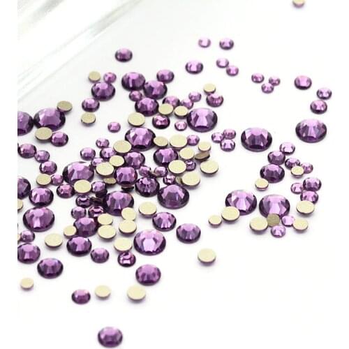 Purple Rhinestones Flatback Glue On Nails Rhinestones Strass SS3-SS20 Mixed Round Shape Golden Bottom DIY Glass Rhinestones