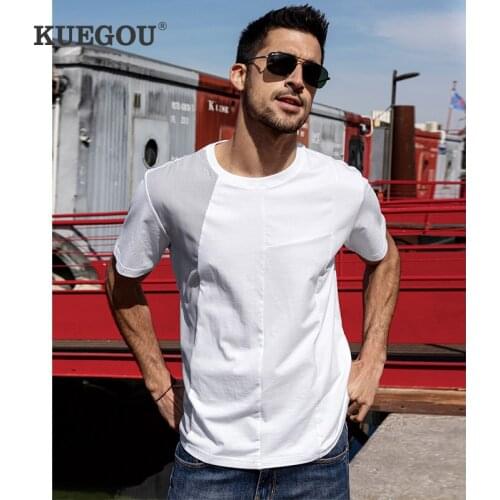 KUEGOU 100% Cotton Clothing Mens T-shirt Short Sleeve Fashion Striped Patchwork Tshirt Summer High Quality Top Plus Size 90061