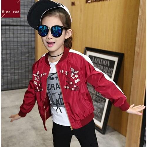 Girls Embroidery Jackets Spring Autumn Childrens Baseball uniform Red Coats Chest Butterflies teen girls clothing