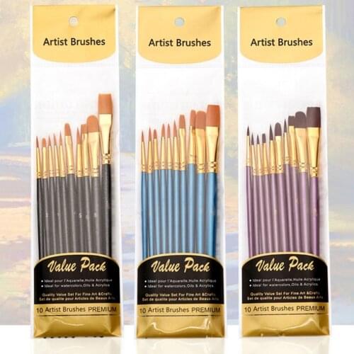Art Model Paint Nylon Hair Acrylic Oil Watercolour Drawing Art Supplies Brown 10 pcs Painting Craft Artist Paint Brushes Set