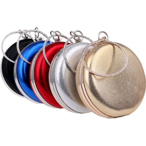 Fashion Round Solid Color Women Evening Bag Lady Wedding Handbag Purse Wallet Banquet Party Clutch Buckle Circle Crystal Wrist