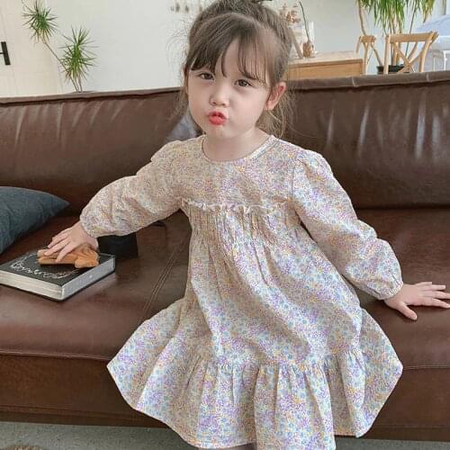 Fashion Floral Dress For Girls Long Sleeve Loose Ruffle Hem Gowns 2 4 6 8 10 Years Kids Daily Casual Dresses Children Clothes