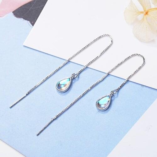 925 Sterling Silver Fashion Party Jewelry Moonstone Water Drop Long Tassel Earrings For Women Ear Chain S-E654