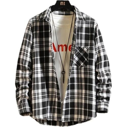Fashon Plaid Shirt Men 2021 Korean Harajuku Button Up Long Sleeve Flannel Shirt with Pocket Plus Size 5XL Casual Shirts