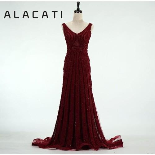 2019 new heavy manualSexy V-neck sleeveless beaded crystal evening dress