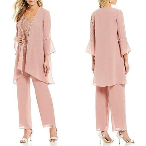 2021 New Mother Of The Bride Pant Suits Three Pieces Lace Jewel Neck Jumpsuits Wedding Guest Dress Plus Size Pantsuits