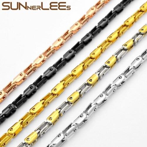 SUNNERLEES Stainless Steel Necklace 3~4mm Geometric Link Chain Silver Color Gold Plated Men Women Jewelry Gift SC95 N