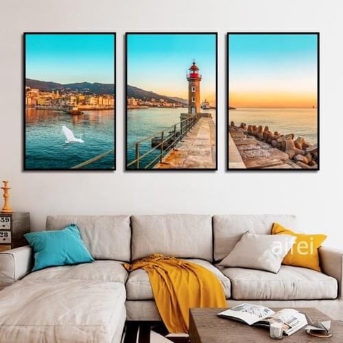 Blue Sea Sunset Coastal Landscape Painting Nordic Seascape Poster Canvas Art Wall Pictures For Living Room Home Decoration