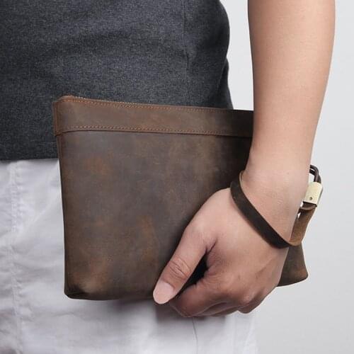 Genuine Leather Mens Day Clutches Vintage Big Hand Purse 6 Inch Wallet Cowskin Clutch Bag With