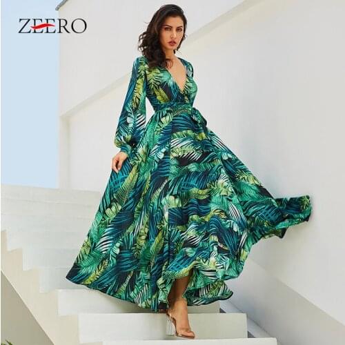 Spring Vintage Green Tropical Long Sleeve Beach Maxi Dress Elegant Boho Sexy V Neck Belt Lace Up Tunic Draped Plus Size Dresses