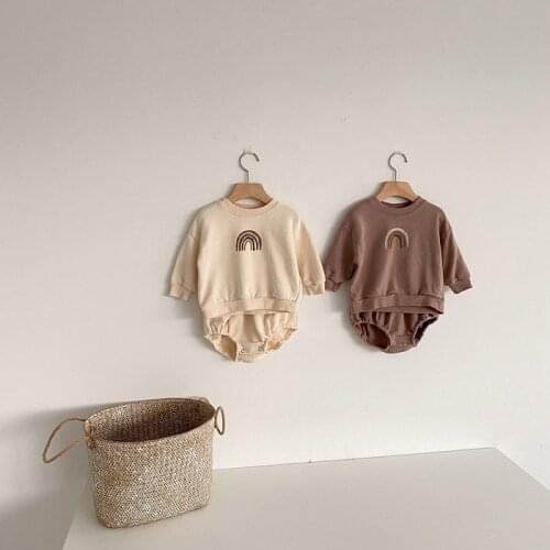 Spring Autumn Newborn Infant Baby Girls Boys Outfits Spring Long Sleeve Rainbow Printed T-shirt Top+shorts Cotton Clothes Sets