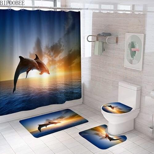 Sunlight Ocean Sea Animal Dolphin 3D Shower Curtains Bathroom Curtain Set Bath Mats Rugs Toilet Lid Cover Non Slip Carpet