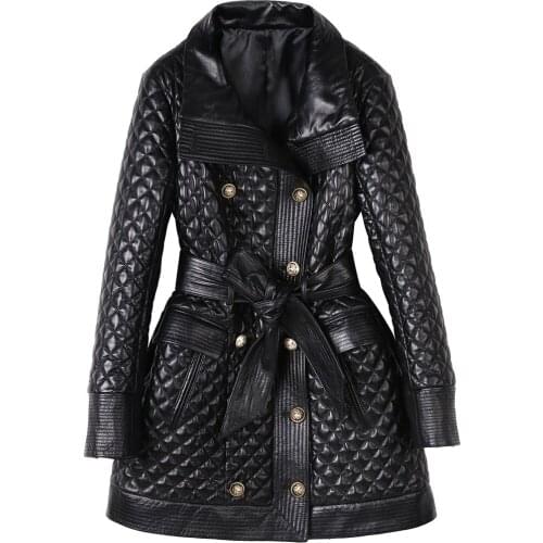 YOLOAgain women genuine leather jacket ladies double breasted long real leather coat
