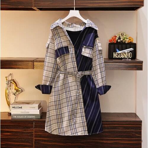Plus Size Womens Wear 2020 Autumn New Korean Style Stitching Fashion Plaid Long-sleeved Dress with Waist Reduction