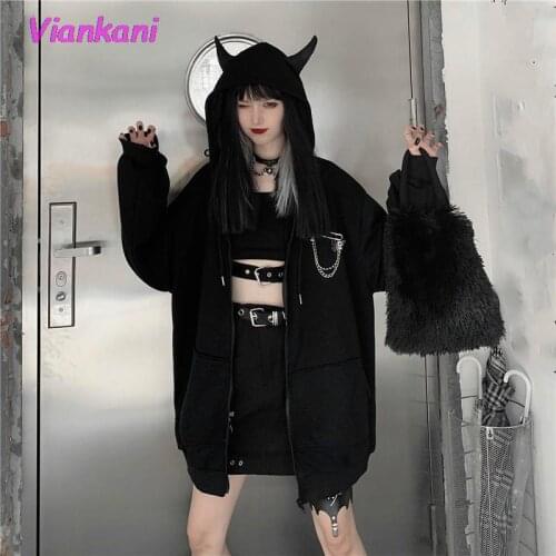 Women Hoodies 2021 Harajuku Punk Gothic Girls Black Devil Horn Hoodies Sweatshirt Japanese Autumn Winter Loose Tops Plus Size