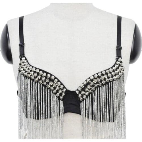 Corzzet Silver Rivet & Chain Tassel Black Straps Bra Gothic Women Plus Size Bralette Push Up Bra Sexy Belly Dance Wear Brasier