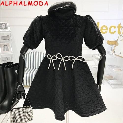 ALPHALMODA Bow Big Swing Fluffy Dress Womens Fall Winter 2021 New Diamond Lattice Black Bubble Sleeve Dress Ballgown Dress