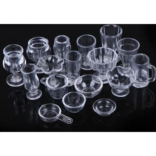 17Pcs/Set 1:12 Dollhouse Mini Transparent DIY Pretend Play Kitchenware Toy Drink Cups Dish Tableware Miniatures