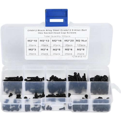300pcs M2 x 3-20mm 12.9 Grade Black Alloy Steel Hex Socket Screw Bolt and Nut Kit Hex Socket Cap Screw