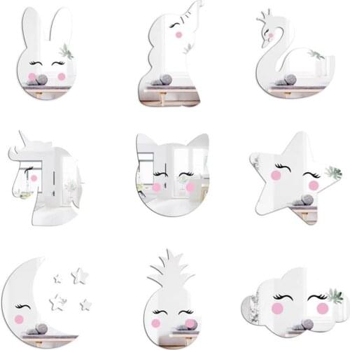 Nordic 3D Mirror Wall Stickers for Kids Rooms Cartoon Acrylic Art Wall Decals DIY Home Decor Bedroom Bathroom Decorative Mirror