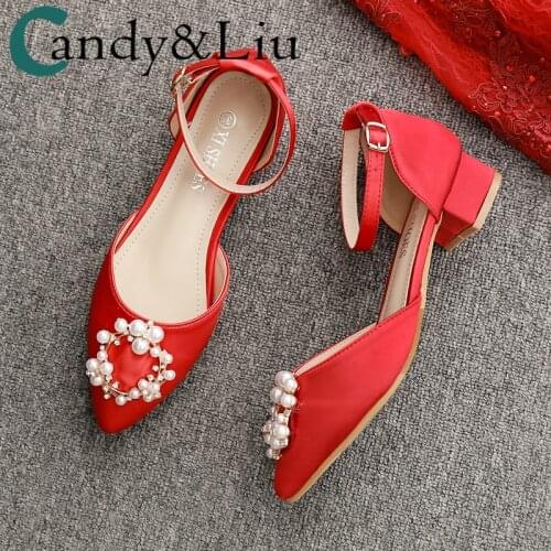 Bride Sandals 2020 New Traditional Wedding Dress Rhinestone Red Pearls Buckle Chunky Low Heel 2cm Pregnant Women Shoes