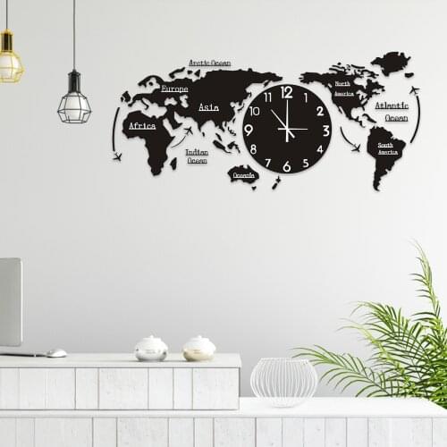 Punch-free DIY Black Acrylic World Map Large Wall Clock Modern Desgin Stickers Silent Watch Home Living Room Kitchen Decorarion