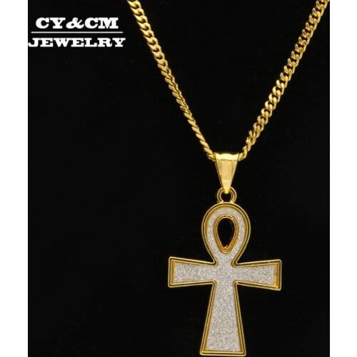 CY&CM Fashion Egyptian Ankh Sand Blast Key Of Life Gold Silver Color Pendant Necklace Cuban Chain Hiphop Religious Punk Jewelry