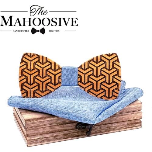 Wooden bow tie bowtie for men wood tie handkerchief cufflinks lapel flower brooch With box necktie Set Geometric