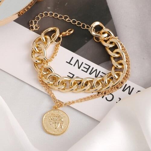 IPARAM Punk Metal Portrait Coin Thick Chain Bracelet Women Vintage Twist Chain Geometric Charm Bracelet Fashion Jewelry Gift