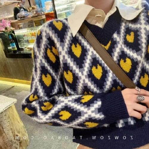 Plaid Pullover V Neck Fashion Geometric Argyle Pattern Women Casual Sweater Ladies