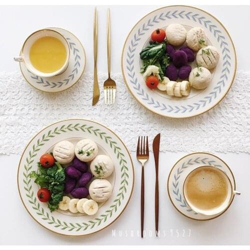 Korean Niche Leaf Pattern Phnom Penh White Ceramic Dessert Plate Western Breakfast Plate Afternoon Tea Coffee Cup Plate Set