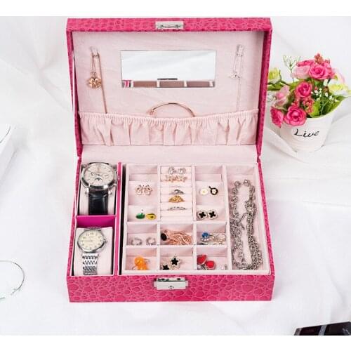 Red Pink Alligator Pattern Vintage PU Jewelry Box Big Space Watch Bracelets Rings Makeup Storage Case Box Women Wedding Gift