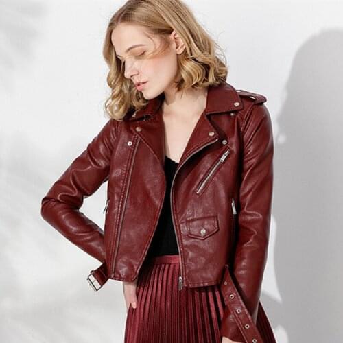 2020 New Autumn Women Faux Soft Leather Jacket Long Sleeve Black Red Biker Coat Zipper Design Motorcycle PU Leather Jacket