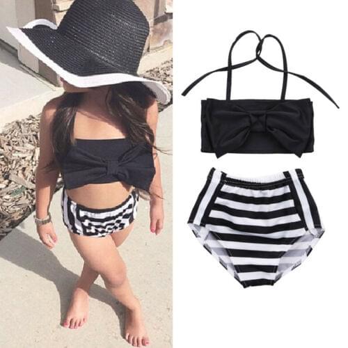 Cute Baby Kids Girl Bikini Set Bow Striped Halter Swimwear Beach Bathing Suit Two Piece Cute Sweet Swimsuit Tankini New 2-7T