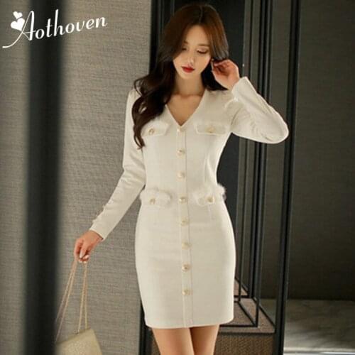 Autumn Dresses White V Neck Long Sleeve Single-breasted Womens Dress Office Elegant Bandage Bodycon Sexy Party Business Dress