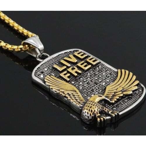 1 2018 New Punk Two Tone Gold Color Titanium Stainless Steel LIVE FREE Eagle Pendants Necklaces for Men Cool Jewelry Wholesale