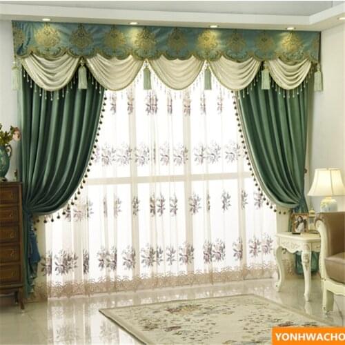 Custom curtains high grade European villa room green Italian velvet thick cloth blackout curtain tulle valance drapes N946