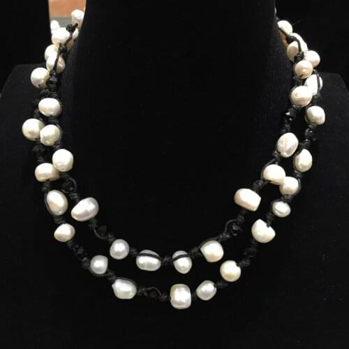 Casual Sporty Baroque Long Fresh water Pearl and Crystal necklace Trendy Jewelry for women white and black mixed Free shipping