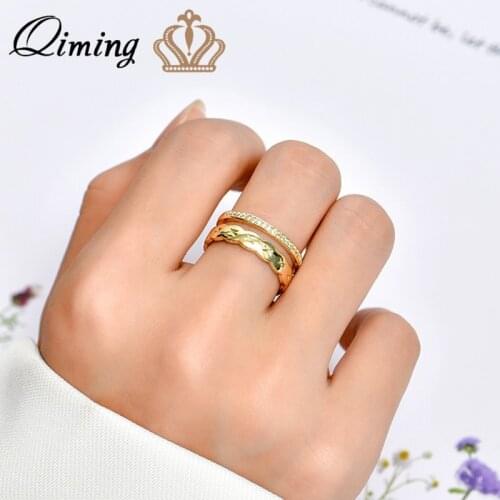 QIMING Handmade Geometric Vintage Rings For Women Simple Style CZ Zircon Double Layer Knuckle Ring Party Gift