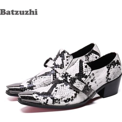 Batzuzhi Italian Type Fashion Mens Shoes Metal Tip Toe Leather Dress Shoes Men Snake Pattern 6.5cm High Heels Party Shoes Men