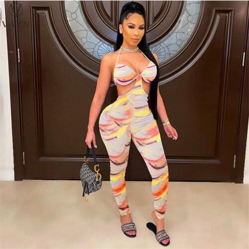 VAZN 2021 New Shinny Sleeveless Print Pleated Sexy Lady Women Party Beach Jumpsuits Full Pant Bandage Rompers