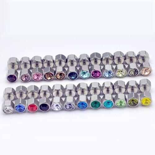 Screw Back (pierced) Hot sell 6MM Diameter hexagonal Austrian crystal titanium steel Men Women stud earring 24 colors